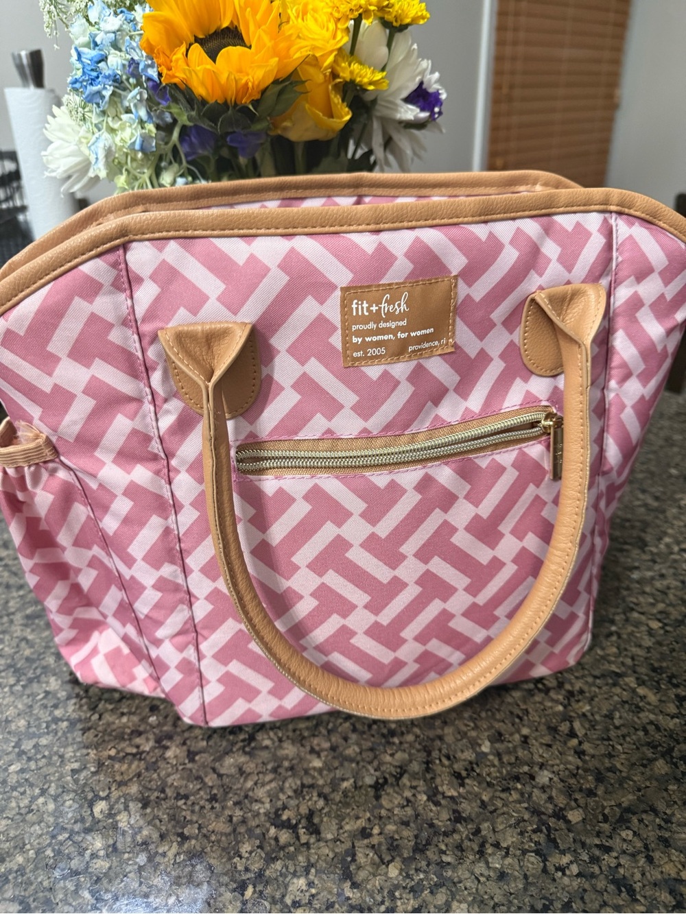 Pink Geometric lunch Tote Bag with Tan Trim